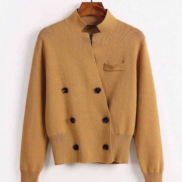 Yellow Casual Women's Double-Breasted Loose Elegant Long Sleeve Cardigan - Picture 5 of 6